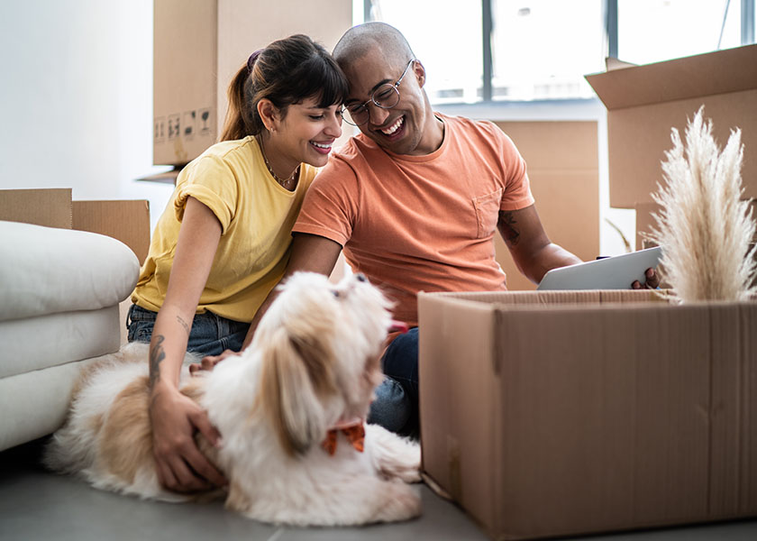 Couple unpacking boxes and petting dog